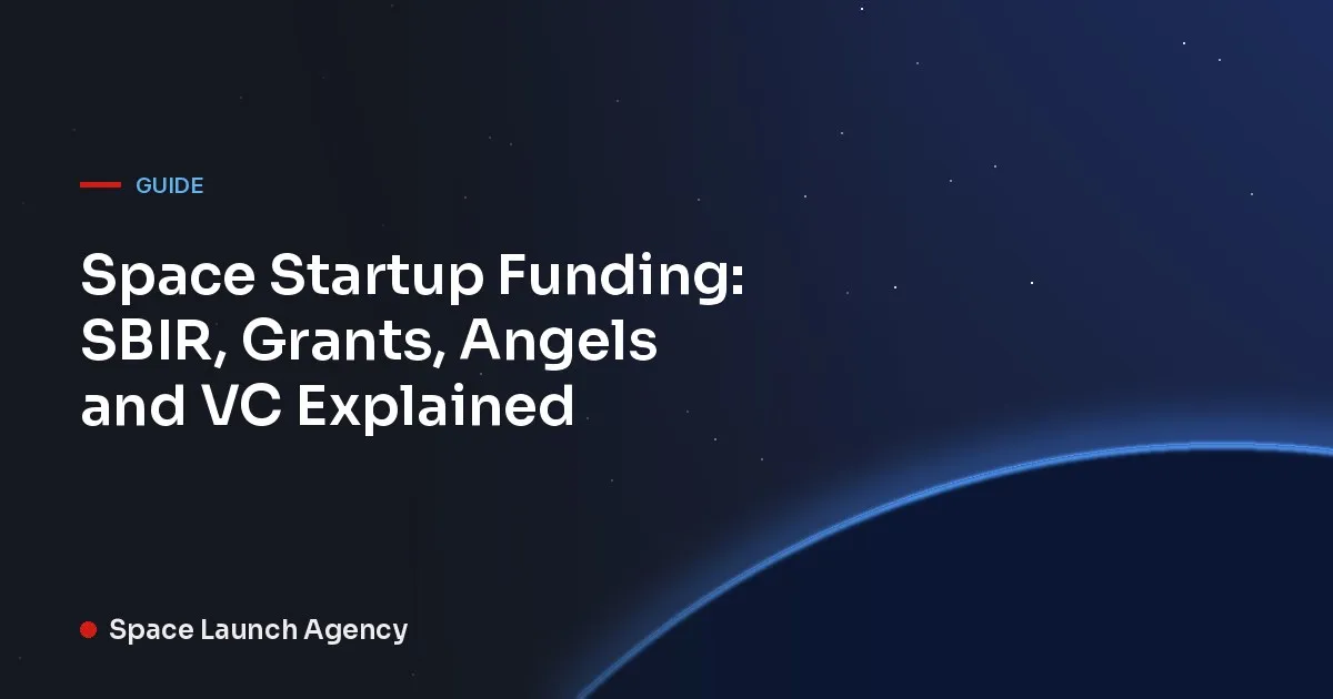 Title card reading Space Startup Funding: SBIR, Grants, Angels and VC Explained, Space Launch Agency