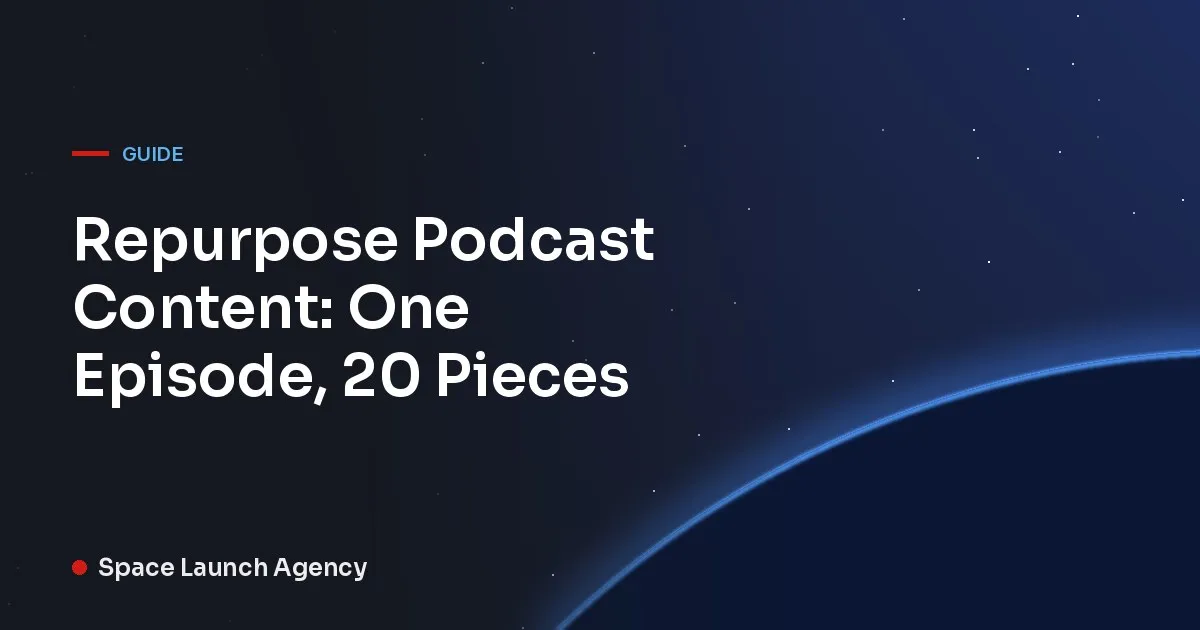 Title card reading Repurpose Podcast Content: One Episode, 20 Pieces, Space Launch Agency