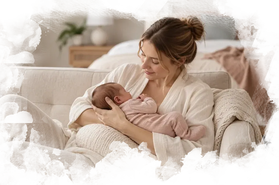 Madre amamantando a su bebé en un sofá durante una toma de lactancia materna.