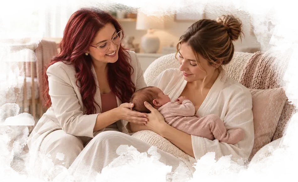 Dra. Verónica Villa brindando asesoría de lactancia materna a una madre con su bebé.