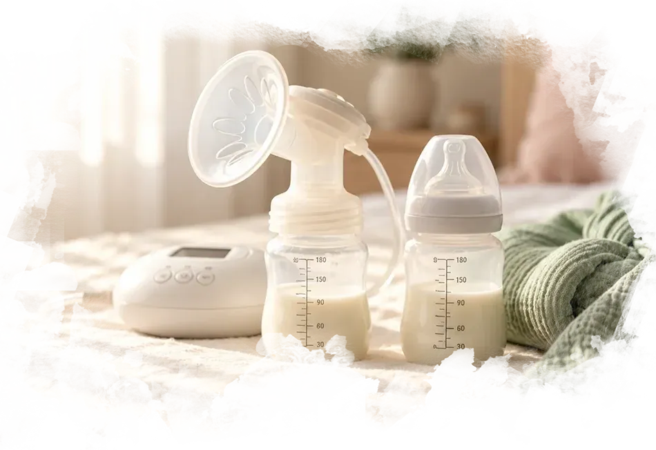 Extractor de leche y biberones con leche materna extraída para su almacenamiento.