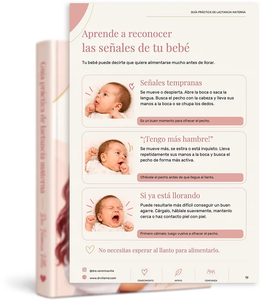 Guía práctica de lactancia materna de la Dra. Verónica Villa: señales de hambre del bebé.