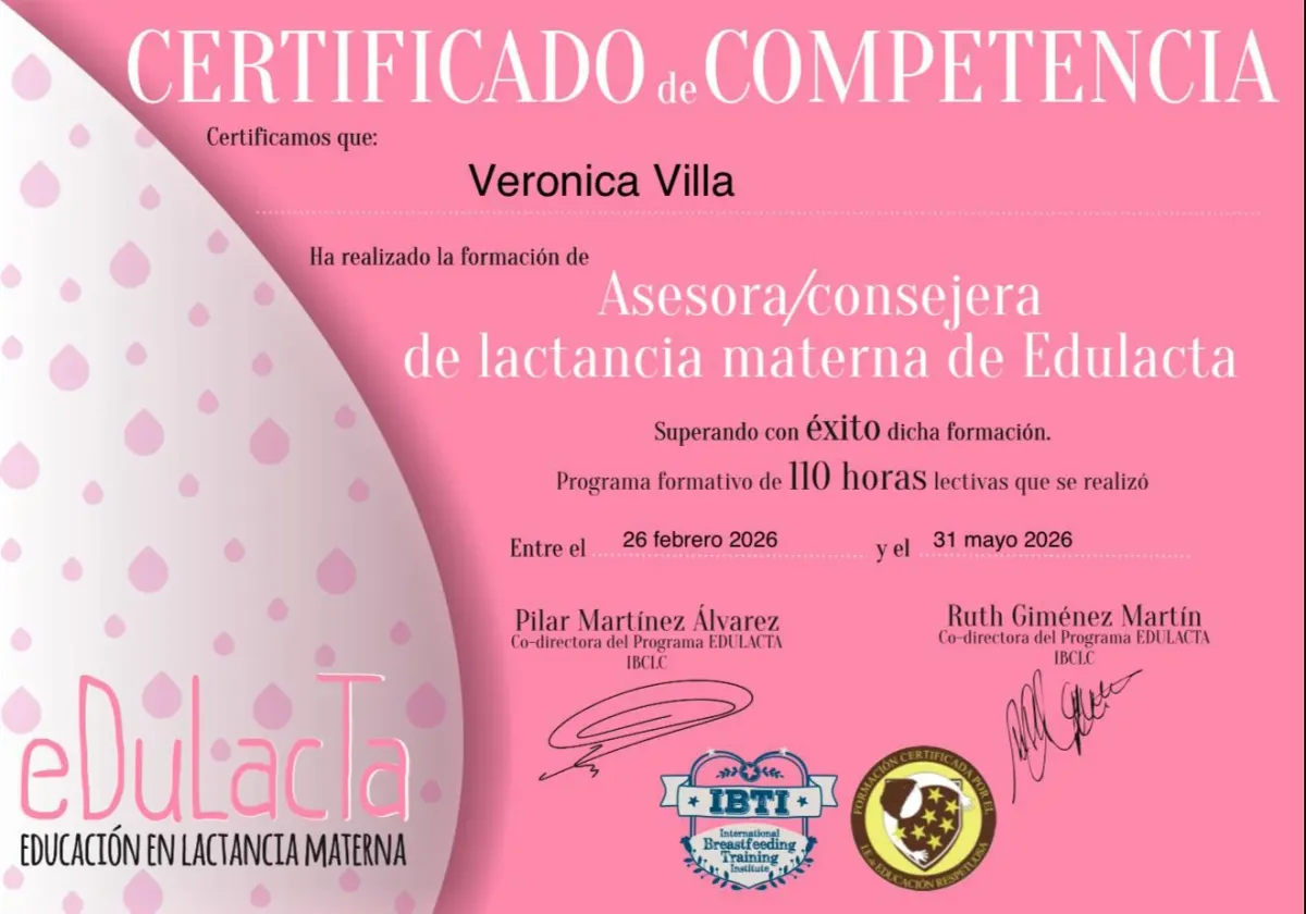 Certificado de competencia de Verónica Villa como asesora y consejera de lactancia materna de Edulacta.