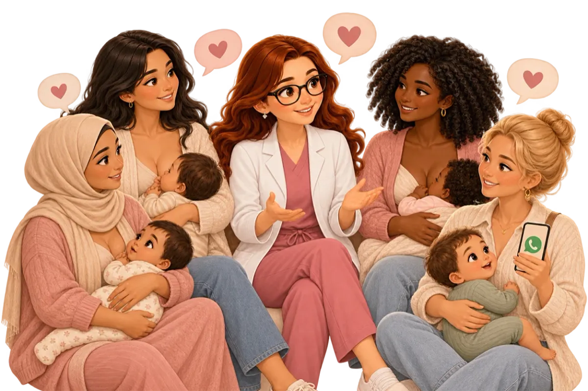 Ilustración de la Dra. Verónica Villa acompañando a un grupo de mamás con sus bebés, representando su comunidad de apoyo a la lactancia en WhatsApp.