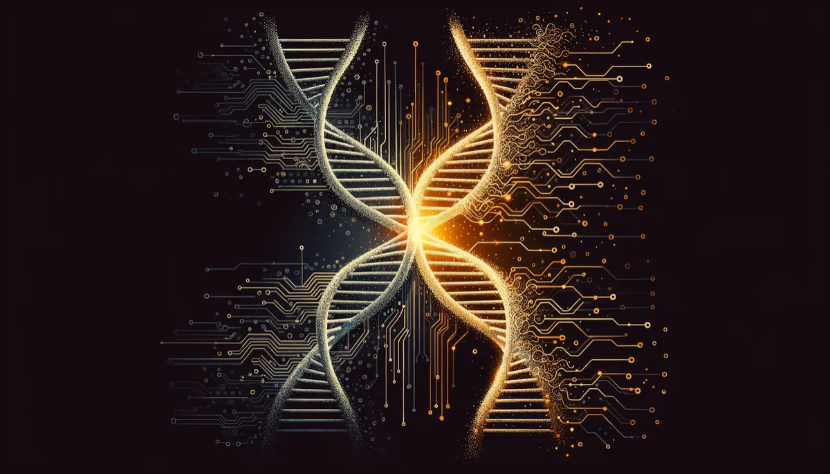 Abstract illustration of intertwined code helixes diverging
