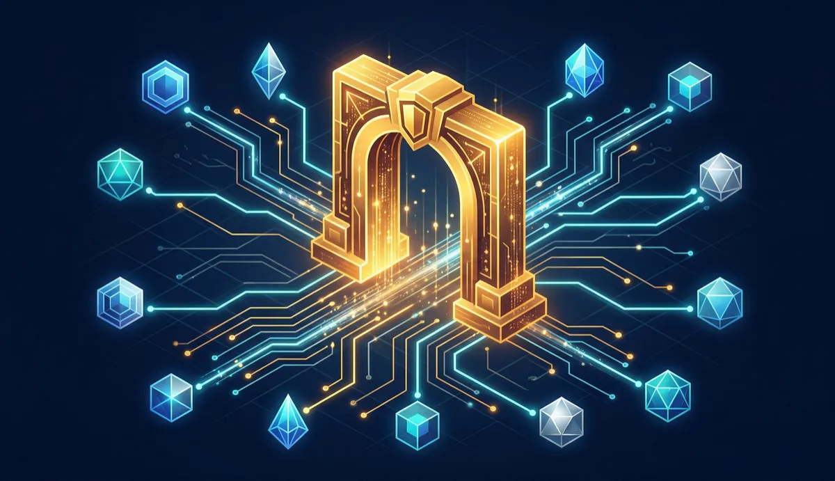 Abstract illustration of a golden gateway routing between multiple AI model providers