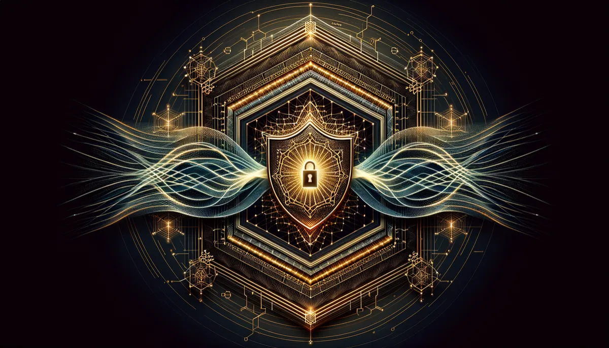 Abstract illustration of a golden quantum shield with lattice cryptography patterns