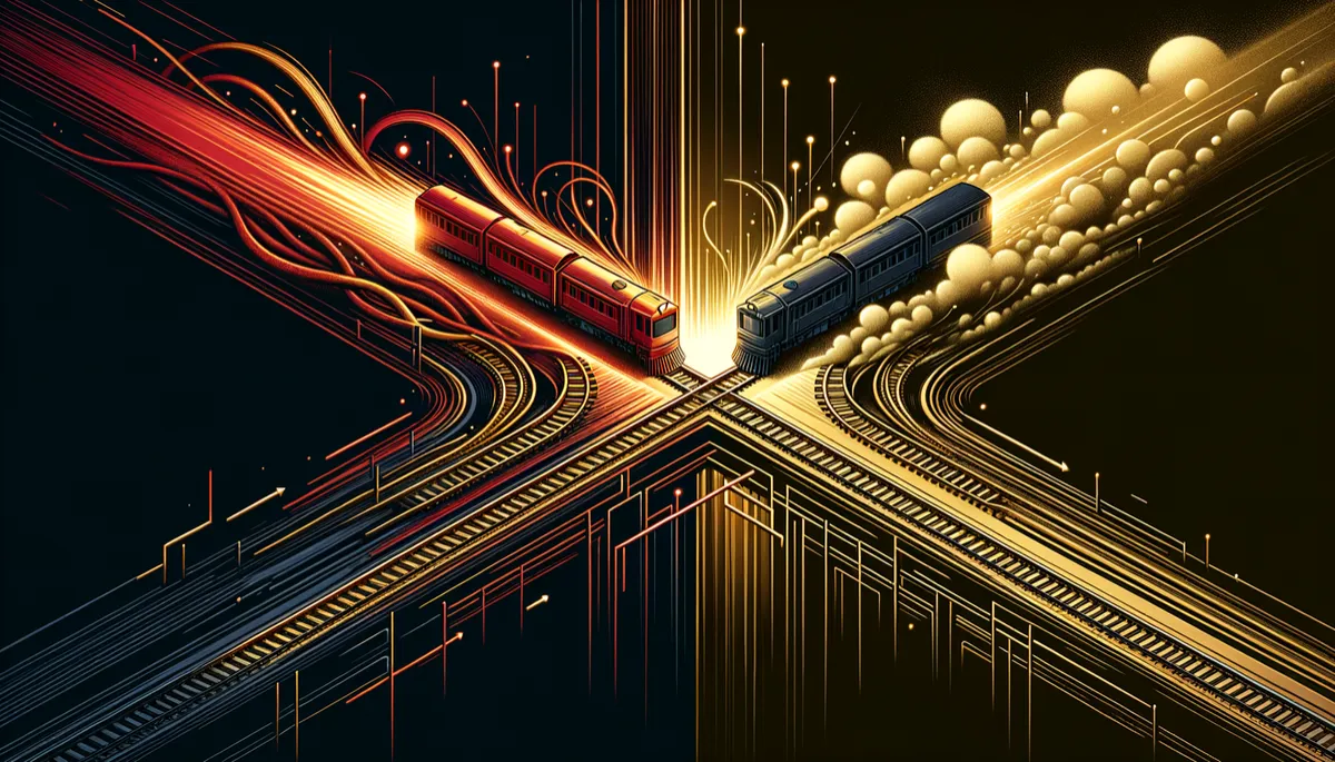 Abstract illustration of converging rails reaching an architectural limit