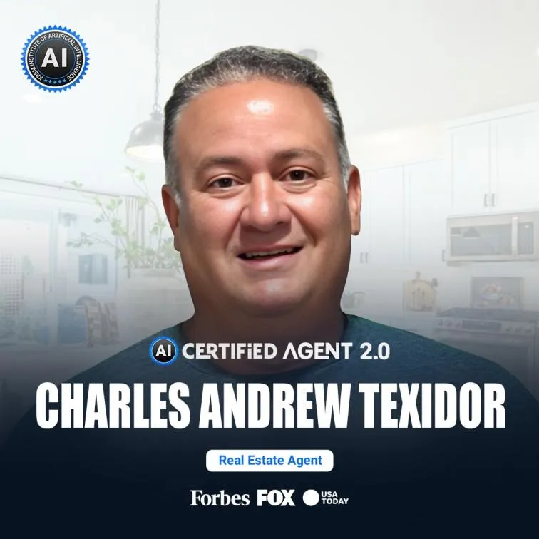 "Portrait of Charles Andrew Texidor, an AI Certified Agent 2.0, with a professional background featuring a modern kitchen. The image includes the AI Certified Agent badge and logos of Forbes, FOX, and USA Today, highlighting his real estate expertise."