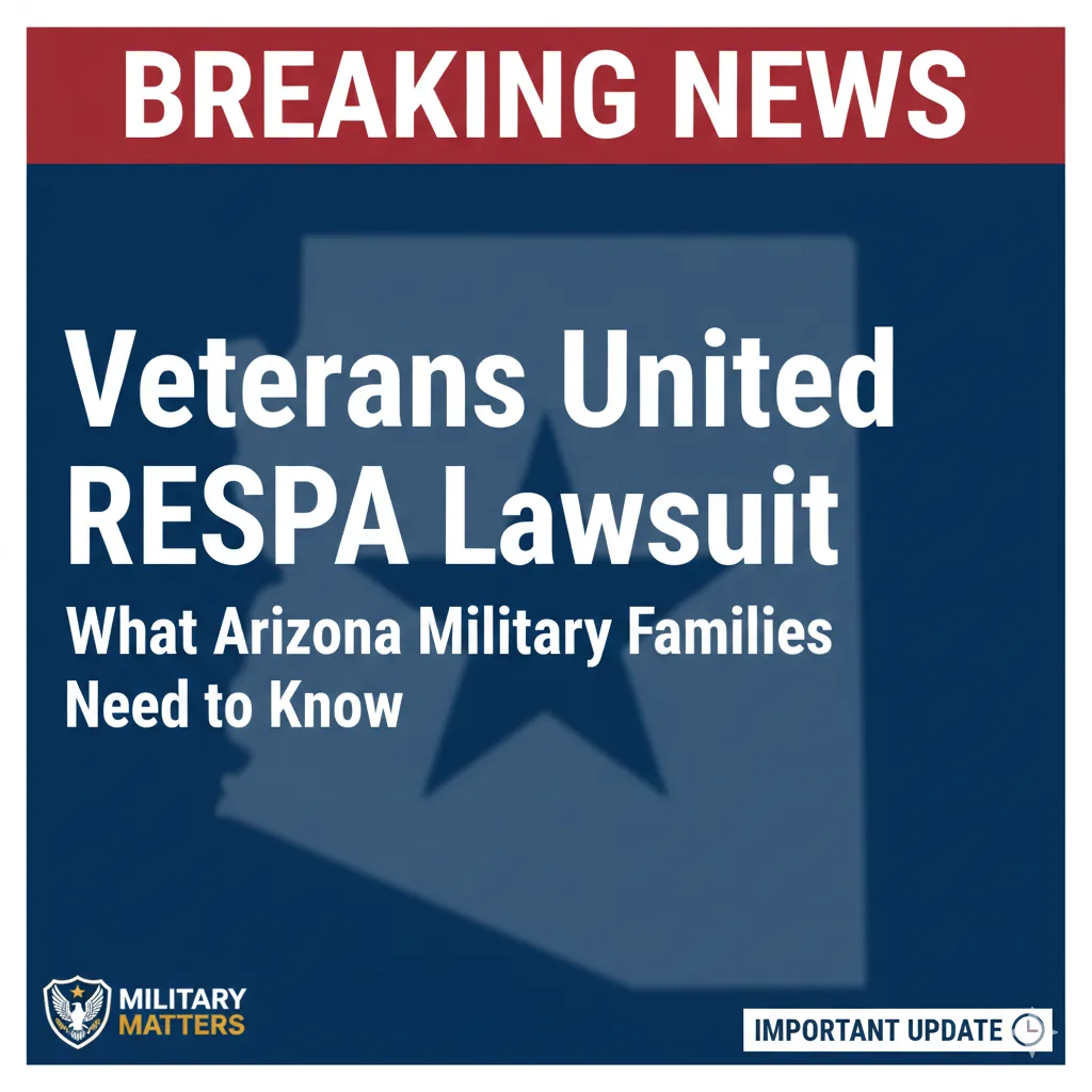 "A breaking news style graphic about the Veterans United RESPA lawsuit. The image features a bold 'BREAKING NEWS' header on a red bar, with a dark blue background featuring a faint map of Arizona and a star icon. The white text reads 'Veterans United RESPA Lawsuit – What Arizona Military Families Need to Know.' A small 'Military Matters' logo and 'Important Update' badge appear at the bottom."