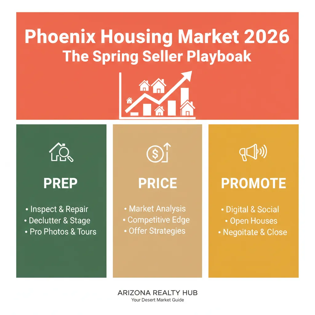 "A professional real estate infographic titled 'Phoenix Housing Market 2026: The Spring Seller Playbook.' The design features an orange header with a white line graph showing upward growth. Three vertical columns labeled 'PREP' (green), 'PRICE' (tan), and 'PROMOTE' (gold) list key strategies like 'Inspect & Repair,' 'Market Analysis,' and 'Digital & Social marketing.' The footer reads 'Arizona Realty Hub: Your Desert Market Guide'."