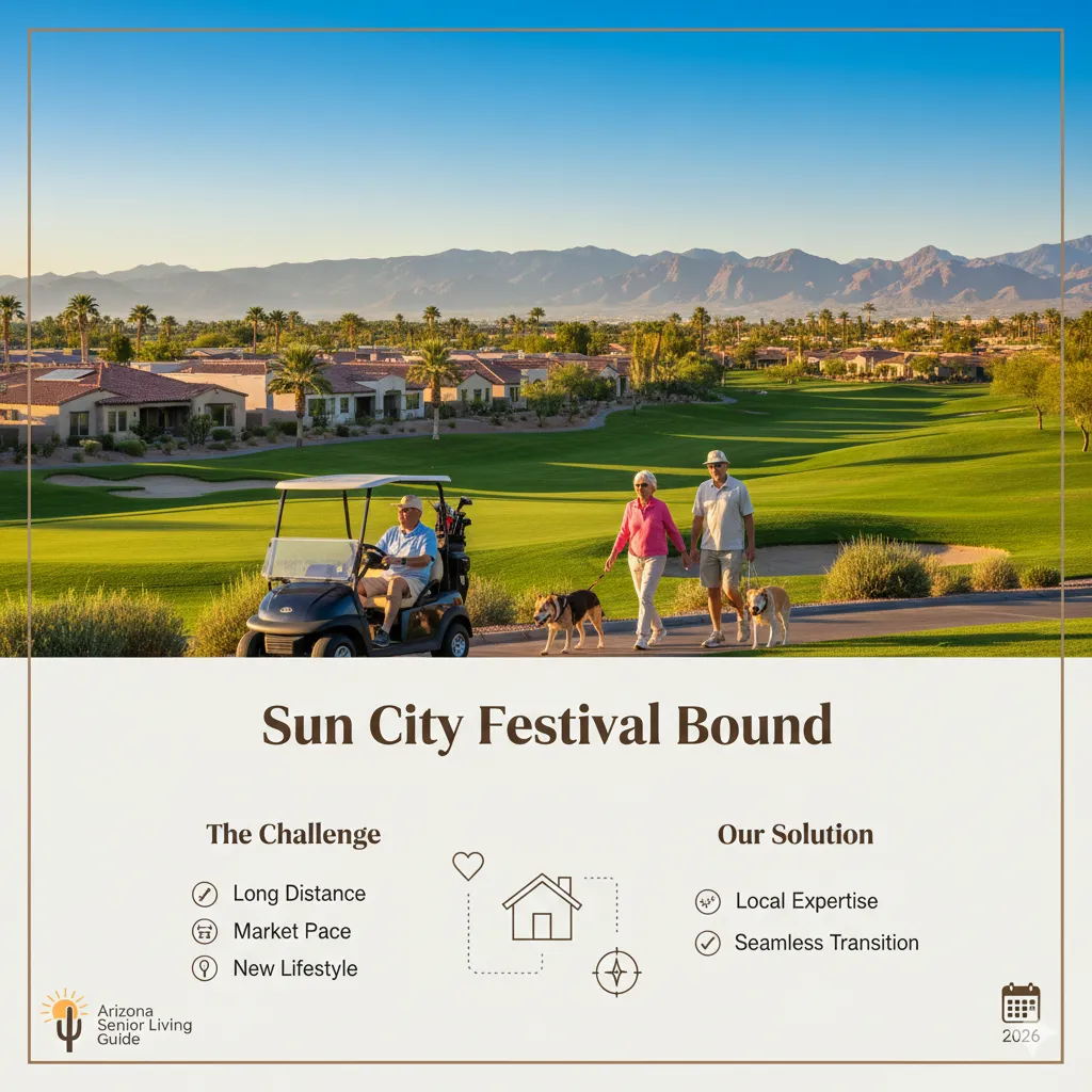 "A beautiful split-design infographic titled 'Sun City Festival Bound.' The top half shows a lush green golf course in Buckeye, Arizona, with retirees walking dogs and driving a golf cart against the backdrop of the White Tank Mountains. The bottom half outlines 'The Challenge'—long distance, market pace, and new lifestyle—versus 'Our Solution'—local expertise and seamless transition. An 'Arizona Senior Living Guide' logo is in the corner with a 2026 date tag."