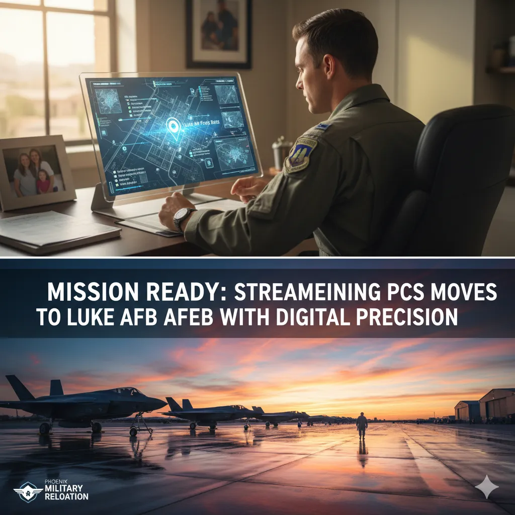 "A professional military relocation infographic. The top panel shows a service member in uniform at a desk using a high-tech digital map of the West Valley to coordinate a move. A bold center banner reads 'Mission Ready: Streamlining PCS Moves to Luke AFB with Digital Precision.' The bottom panel features a dramatic sunset view of the flight line at Luke Air Force Base with F-35 fighter jets. A 'Phoenix Military Relocation' logo is visible in the corner."
