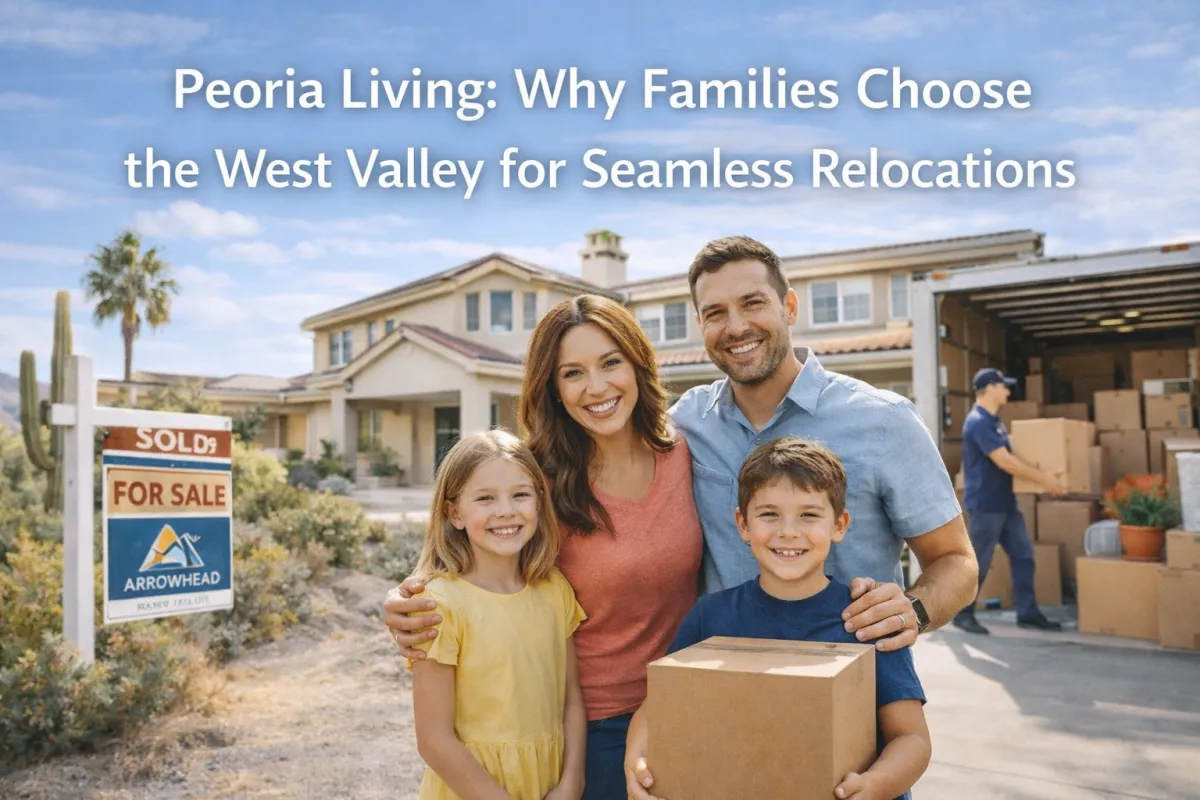 Modern hero image of a smiling family outside their new home in Peoria, Arizona with moving boxes and a relocation truck in the background, representing an easy West Valley move