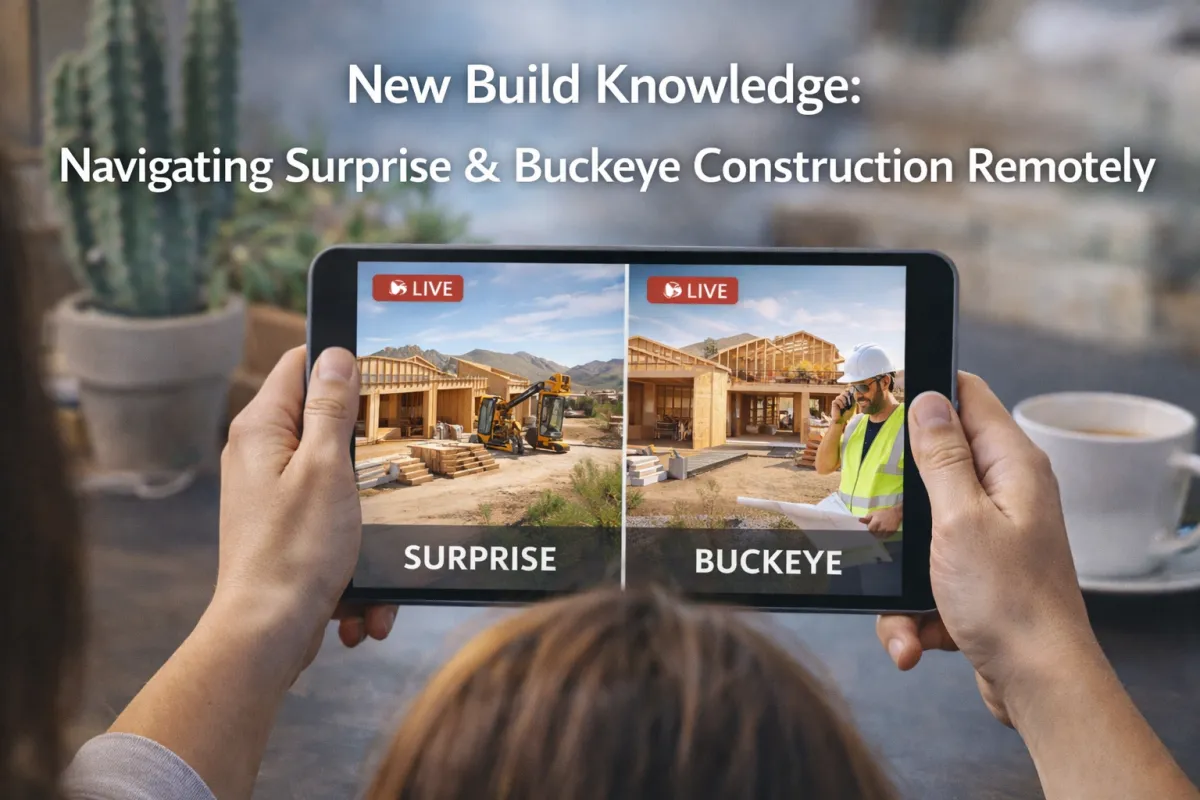 Modern hero image of a buyer monitoring new home construction remotely on a tablet, comparing live build progress in Surprise and Buckeye, Arizona with desert scenery and jobsite activity.