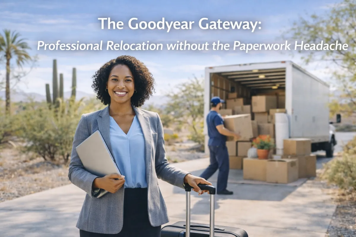 Modern hero image of a relocating professional in Goodyear, Arizona holding a laptop and suitcase while movers unload boxes from a truck, symbolizing a smooth relocation without paperwork stress.