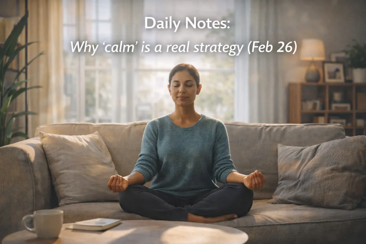 Modern hero image of a person meditating in a sunlit living room, conveying steady focus and emotional control—capturing the idea that calm is a practical strategy (Feb 26).