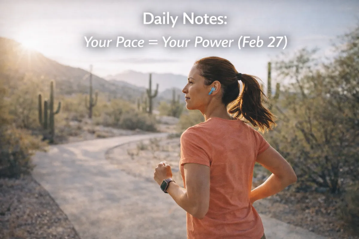 Modern hero image of a woman jogging on a desert trail at sunrise with saguaro cacti and mountains in the background, symbolizing steady momentum and personal power (Feb 27).