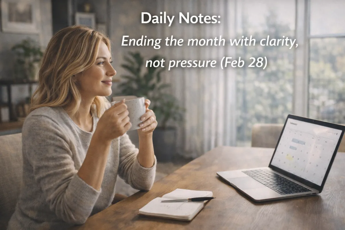 Modern hero image of a person calmly reviewing a February calendar on a laptop while sipping coffee in a bright home office, representing finishing the month with clarity instead of pressure (Feb 28).