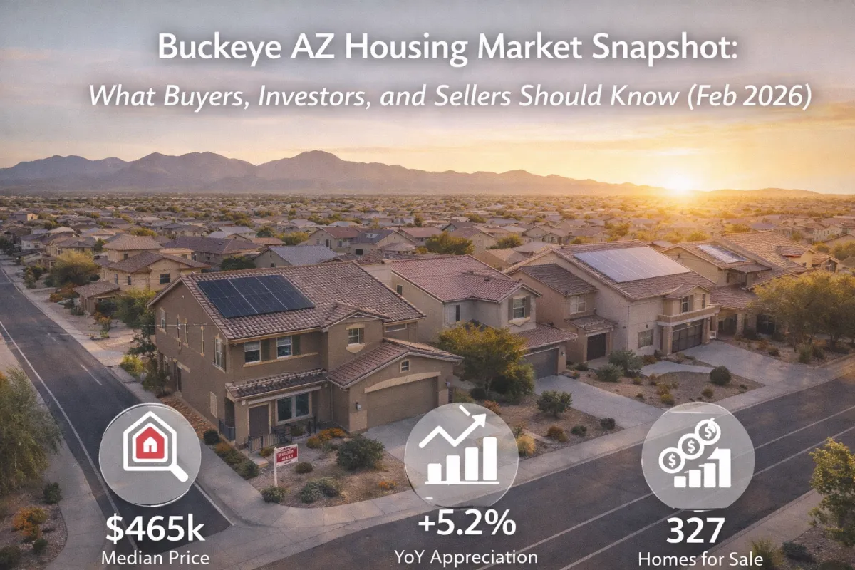 Modern hero image of a Buckeye, Arizona neighborhood at sunset with market stat icons (median price, year-over-year change, and homes for sale), introducing a February 2026 housing market snapshot for buyers, investors, and sellers.