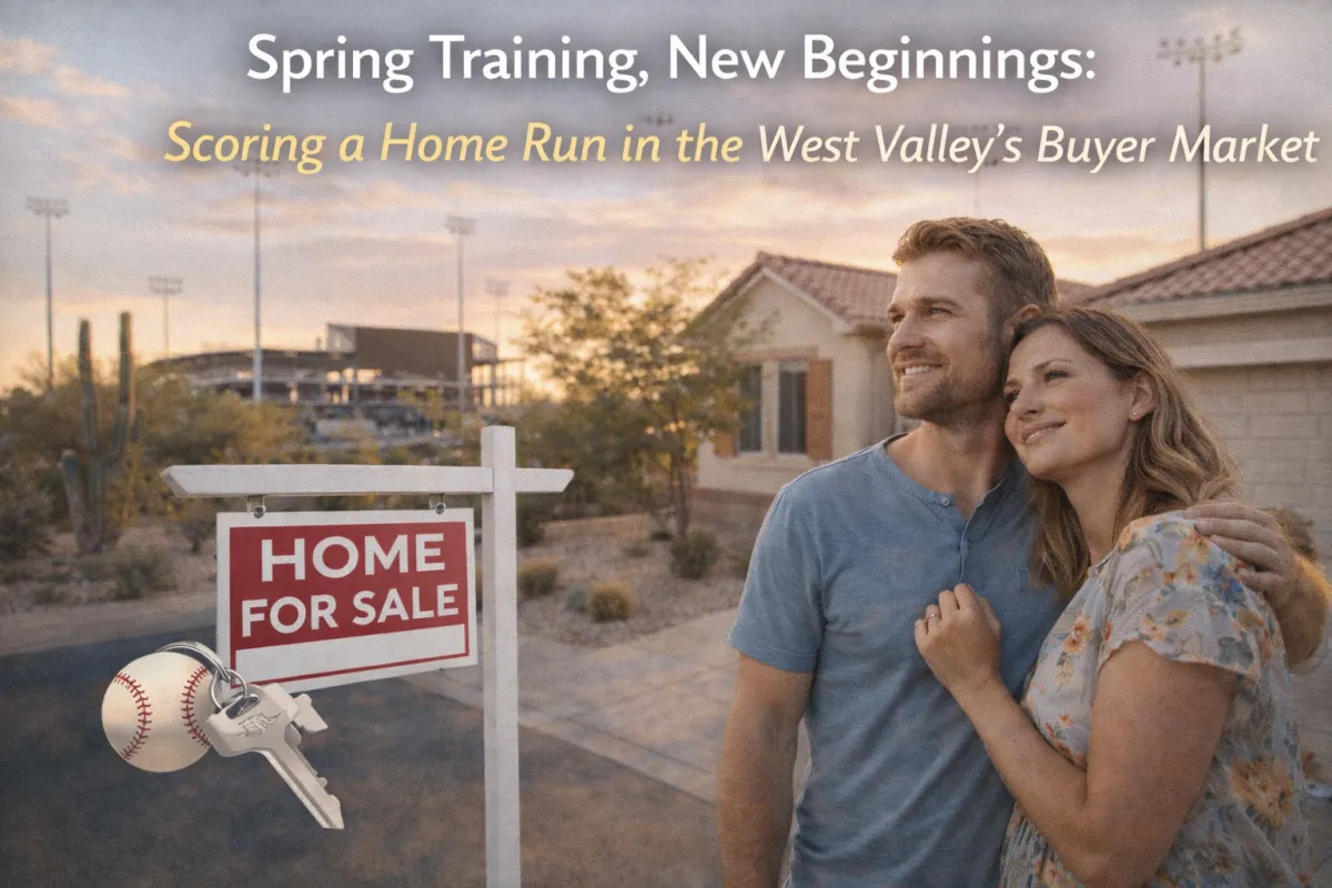 Modern hero image of a couple standing by a “Home for Sale” sign in the West Valley at sunset, with spring training stadium lights in the background and a baseball-and-keys graphic symbolizing a buyer-market “home run.”