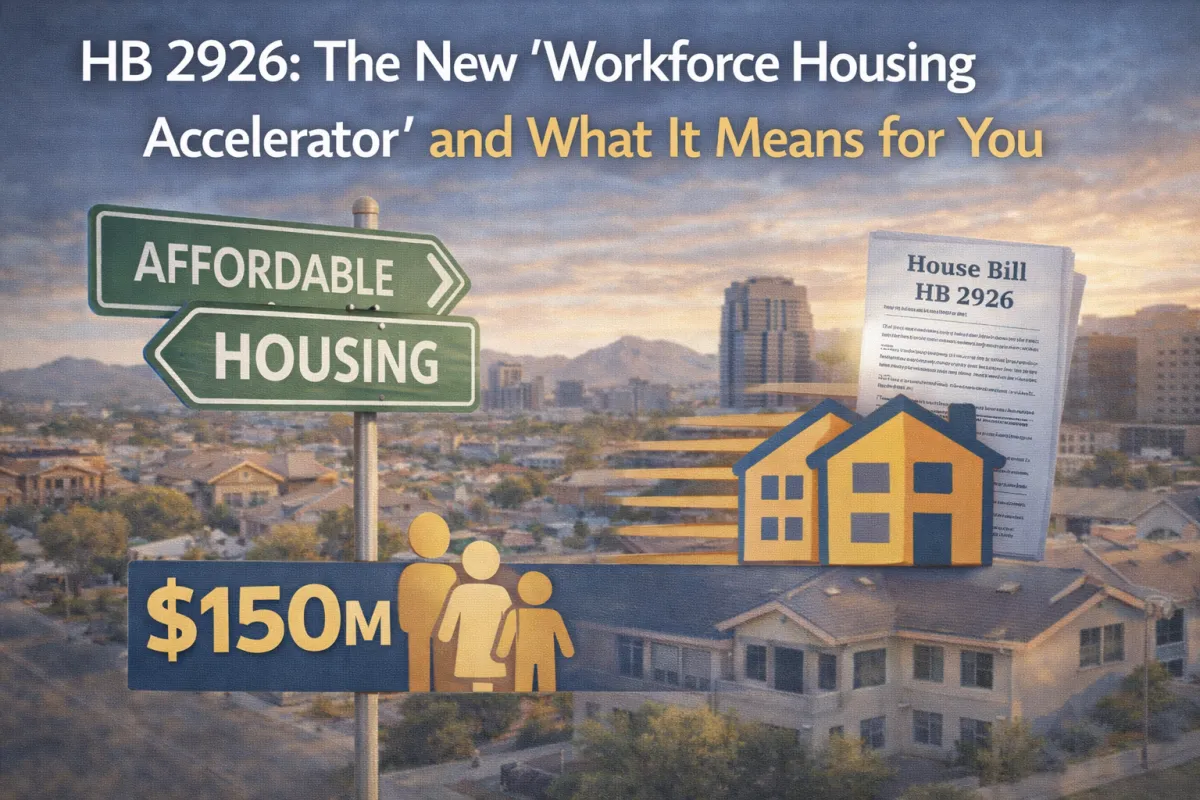 Modern hero graphic highlighting Arizona HB 2926 (“Workforce Housing Accelerator”) with an affordable housing road sign, Phoenix skyline, bill document icon, and “$150M” funding callout.