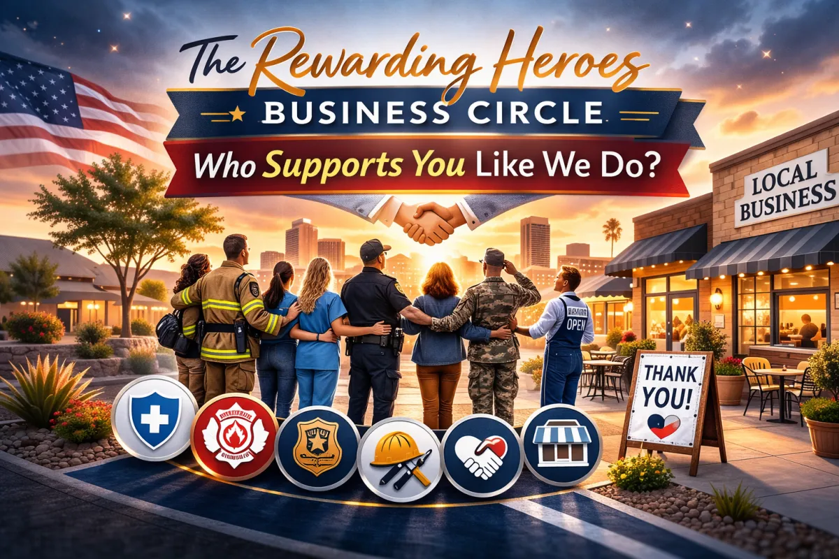 Modern hero banner showing a group of local heroes (first responders, healthcare, military, and community workers) standing together in front of West Valley small businesses at sunset, with “Rewarding Heroes Business Circle” partnership visuals.