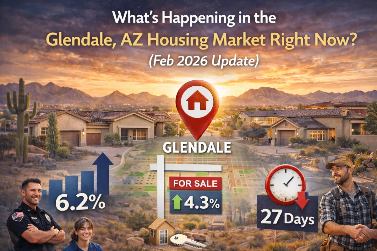 Modern hero graphic of the Glendale, Arizona housing market with a desert sunset neighborhood backdrop, Glendale map pin, and visual stats for price trend, inventory change, and days on market (Feb 2026 update).
