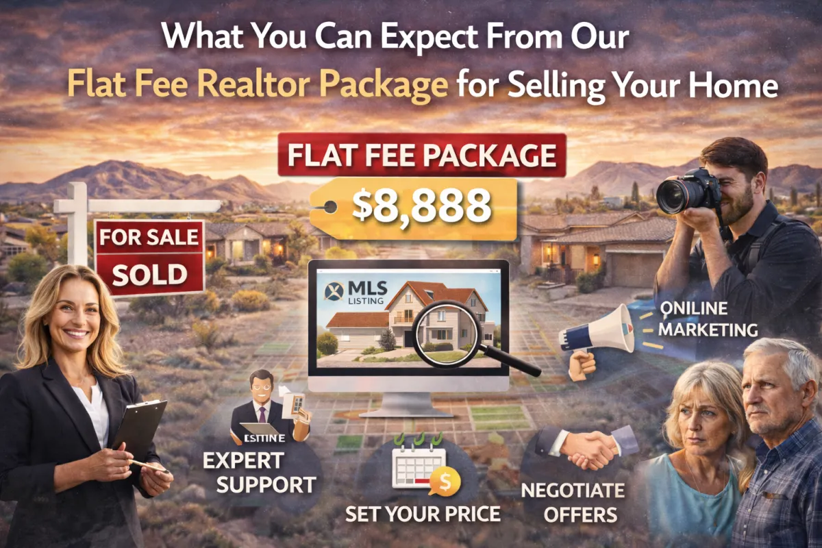 Modern hero graphic promoting an $8,888 flat-fee Realtor package for selling a home, featuring a desert sunset backdrop and service icons like MLS exposure, professional marketing, expert support, and offer negotiation.