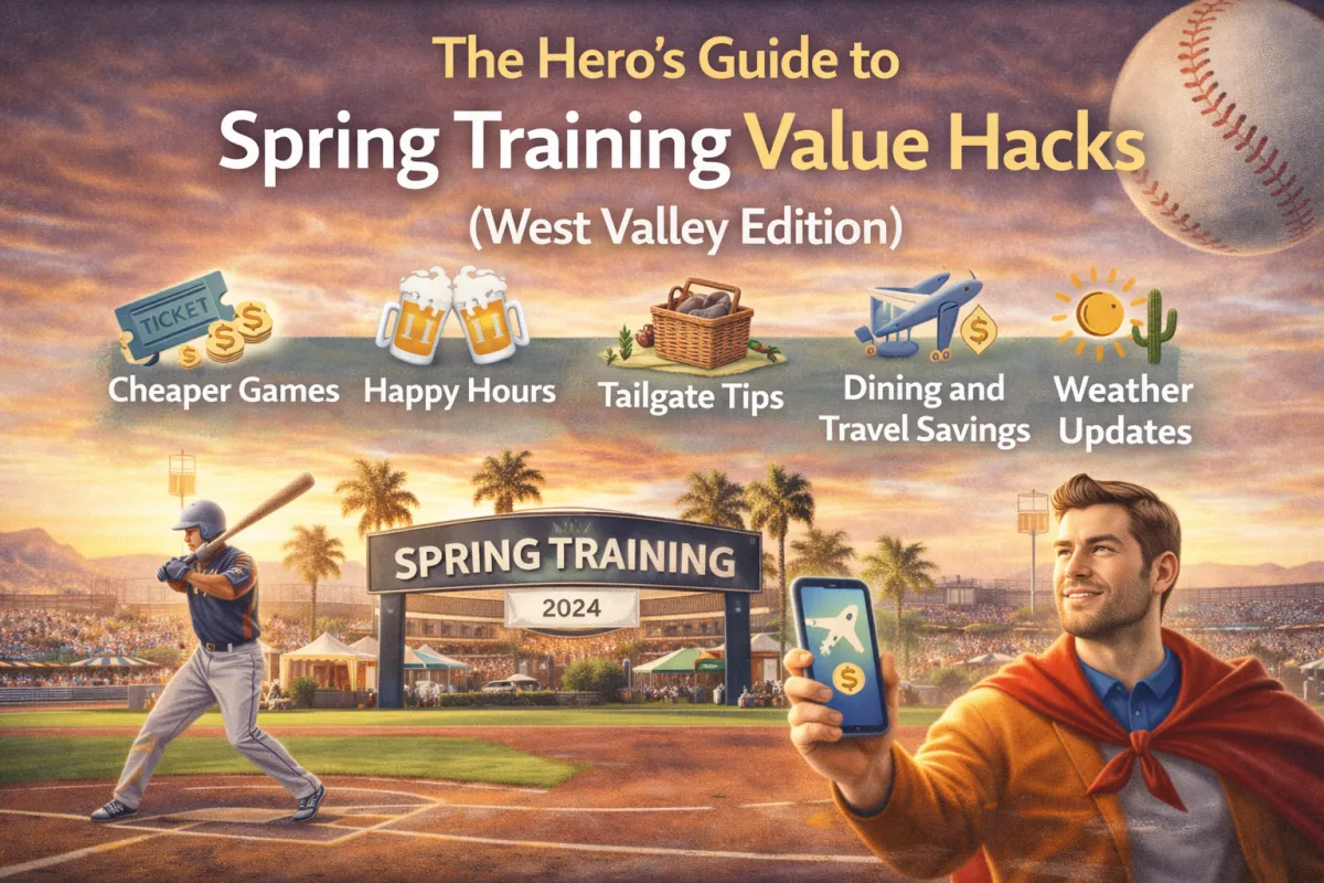 Spring training baseball scene in Arizona’s West Valley with a “Hero’s Guide” theme, showing money-saving icons for cheaper games, happy hours, tailgating tips, travel savings, and weather updates. Slug: