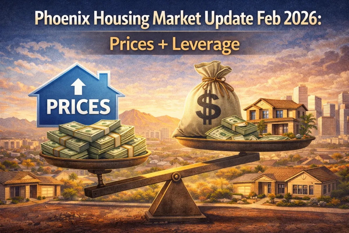 Phoenix housing market update graphic for February 2026 showing a balance scale with cash and homes, representing price trends and shifting buyer/seller leverage.