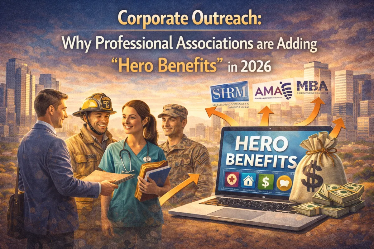 Corporate outreach hero image showing business leaders partnering with a firefighter, nurse, and service member, with “Hero Benefits” displayed on a laptop to represent 2026 association perks.