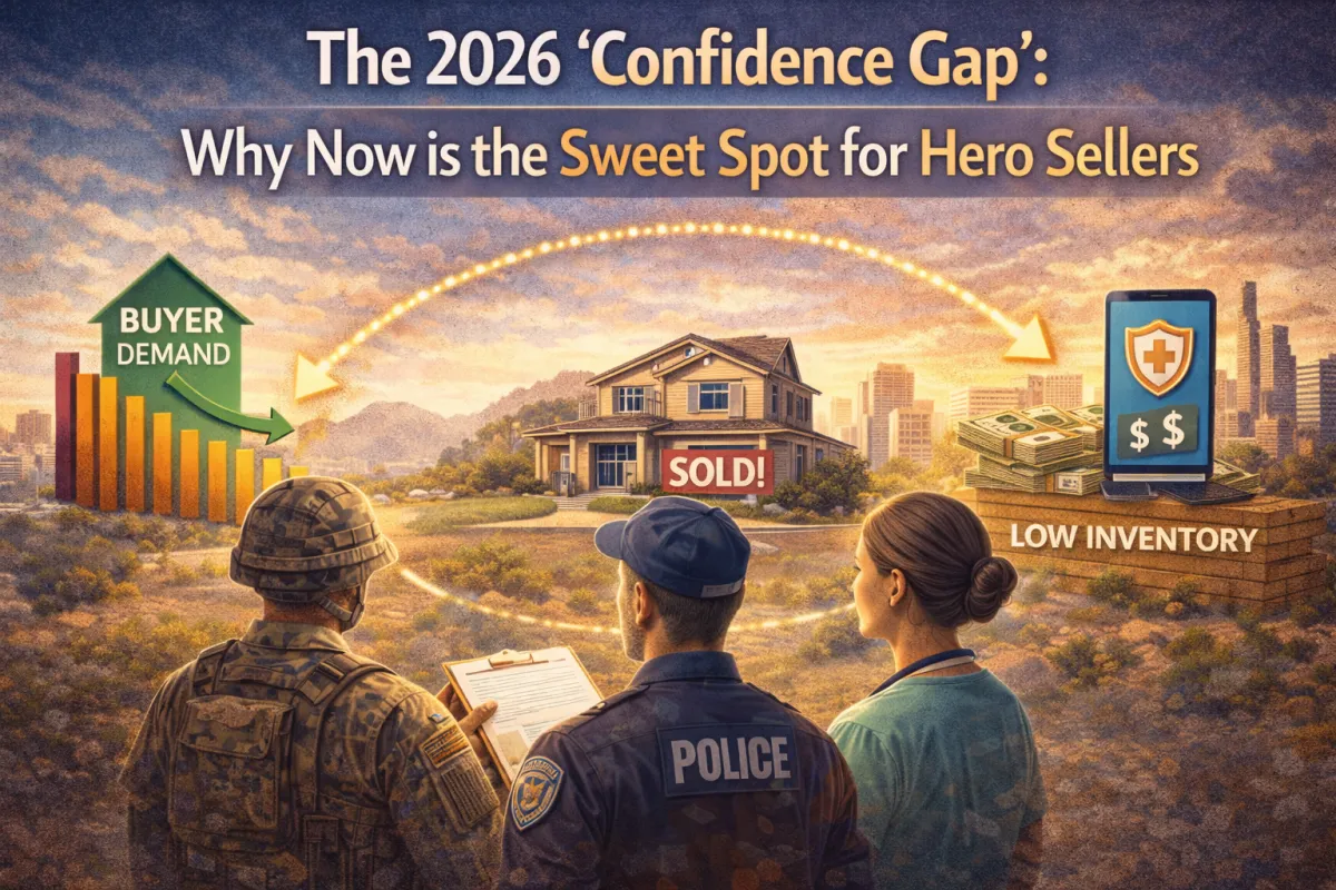 Hero image showing a soldier, police officer, and nurse facing a “SOLD” home with market icons for buyer demand and low inventory, representing the 2026 confidence gap for hero sellers.