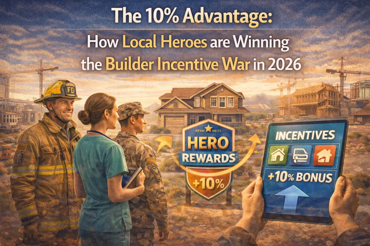 Hero image of a firefighter, nurse, and service member viewing new home construction and a tablet showing builder incentives and a +10% bonus, highlighting how local heroes win incentives in 2026.