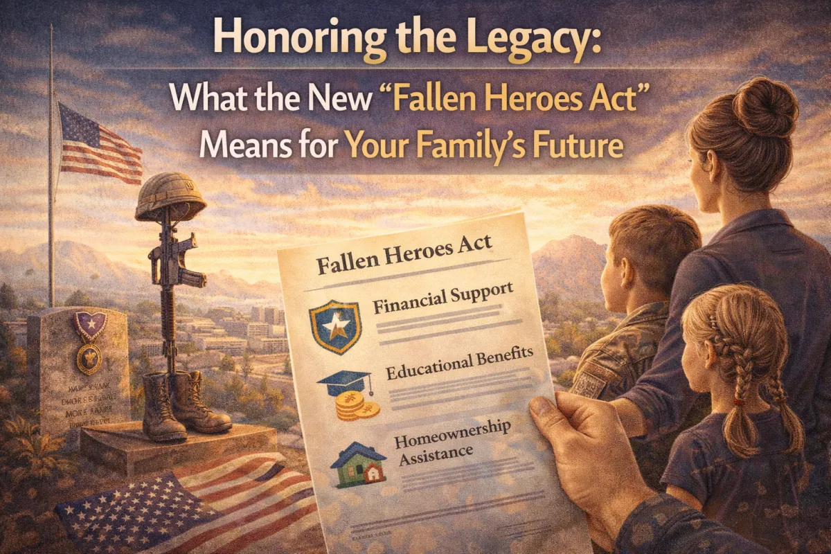 Hero image showing a family at a fallen service member memorial at sunset, with an American flag and a document labeled “Fallen Heroes Act” symbolizing benefits and long-term family support.