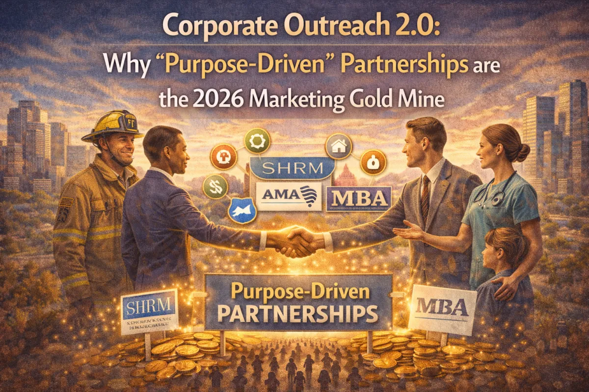 Hero image showing business leaders forming a handshake partnership with community heroes and a “purpose-driven” marketing theme, symbolizing 2026 corporate outreach collaborations.