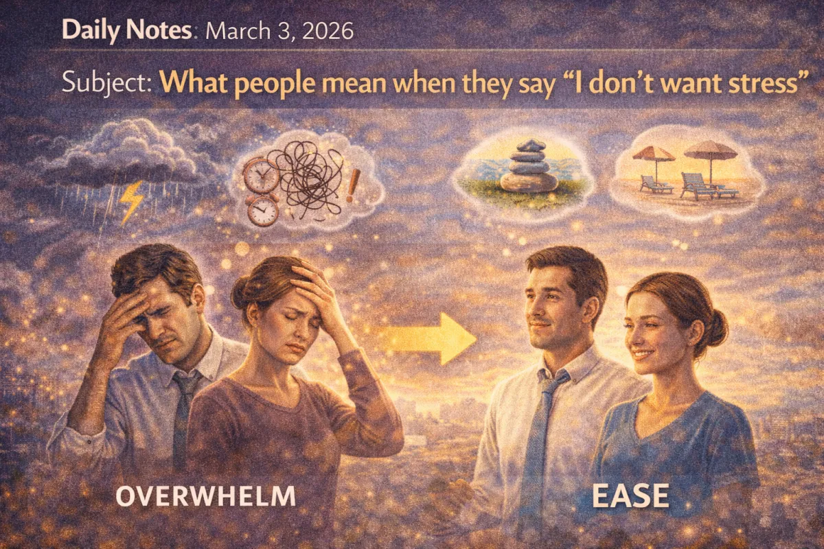 Daily Notes graphic showing a couple shifting from overwhelm to ease, with stress icons (storm, clocks, tangled thoughts) transitioning to calm symbols (stacked stones, beach chairs), illustrating what “I don’t want stress” really means.