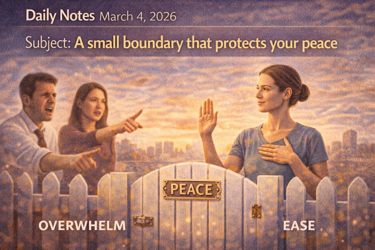 Daily Notes graphic showing a calm person setting a boundary behind a small gate labeled “PEACE,” with stress and conflict on one side and calm on the other, symbolizing protecting your peace.