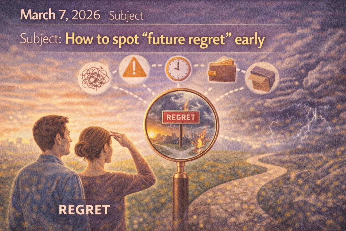 Daily Notes hero image showing a couple looking down a forked path while a magnifying glass highlights a “regret” warning sign ahead, symbolizing how to spot future regret early.