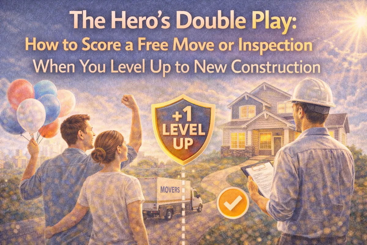 Hero-themed graphic showing a couple celebrating a move into new construction with a mover truck and a home inspector, highlighting a free move or inspection incentive for upgrading.