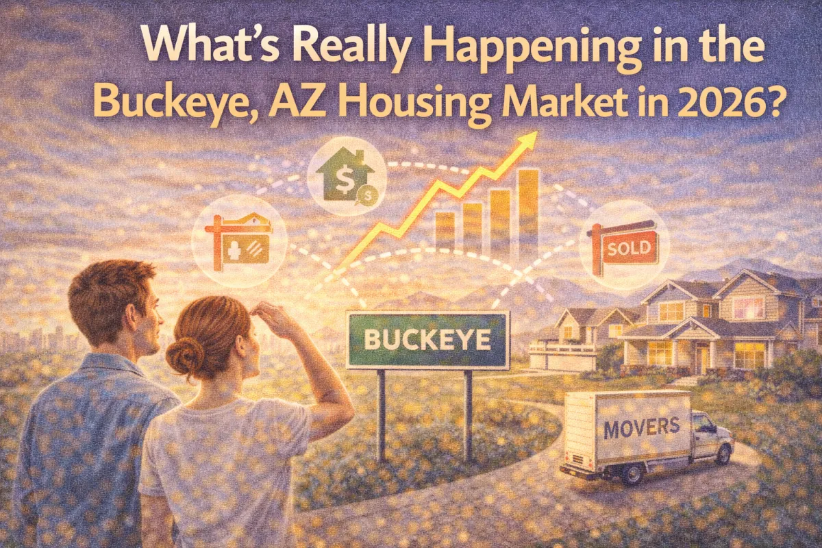 Hero image showing the Buckeye, Arizona sign with homes and market icons (prices, listings, sold activity) over a rising chart, representing the Buckeye housing market in 2026.