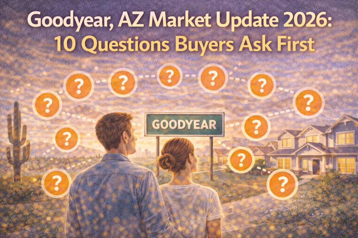 Hero image showing the Goodyear, Arizona sign with a couple looking at nearby homes and ten question icons, representing the top buyer questions in the 2026 Goodyear housing market