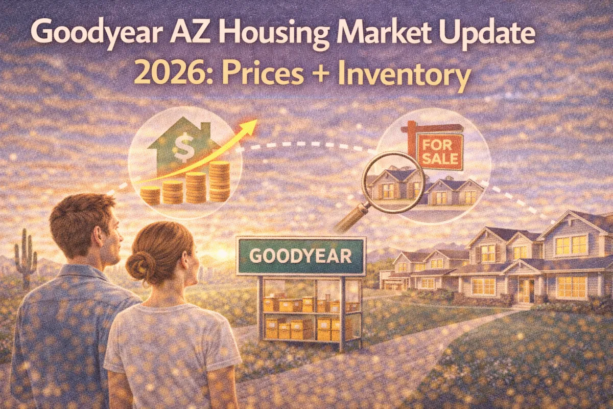 Goodyear, AZ housing market update graphic for 2026 showing price and inventory icons over a neighborhood scene, with a Goodyear sign, rising price chart, and “for sale” inventory symbol.
