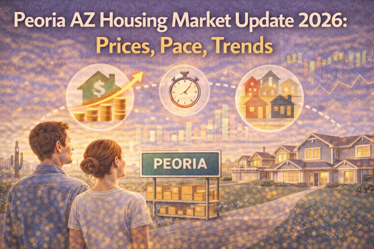 Peoria, AZ housing market update graphic for 2026 showing price, pace, and trend icons over a neighborhood scene with a Peoria sign, a rising price chart, and market activity visuals.