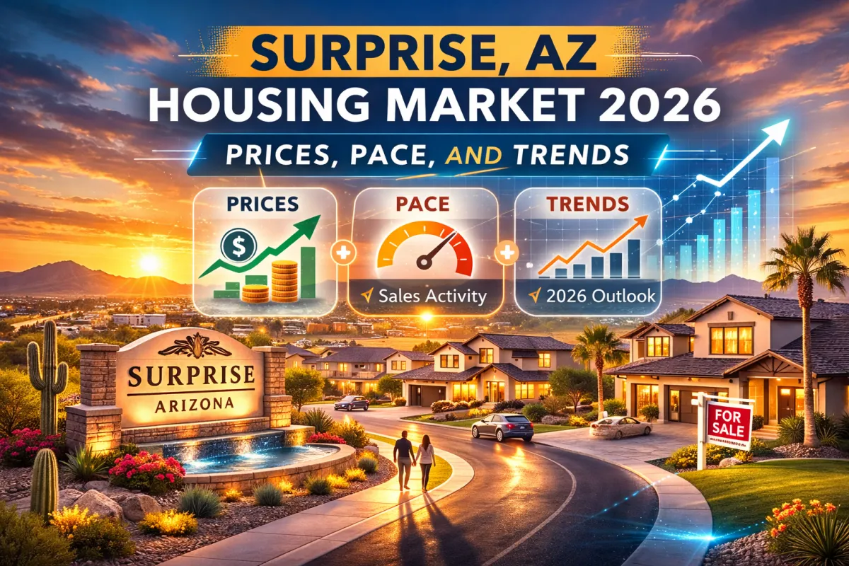 Surprise, AZ housing market 2026 hero graphic with a Surprise sign, neighborhood homes, and icons for prices, pace, and market trends over a background chart.