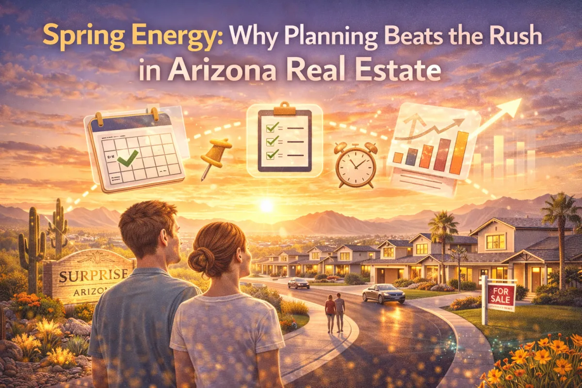 Arizona real estate spring planning hero image with a sunrise over a neighborhood and icons for a calendar, checklist, clock, and market chart—showing why planning beats the spring rush.