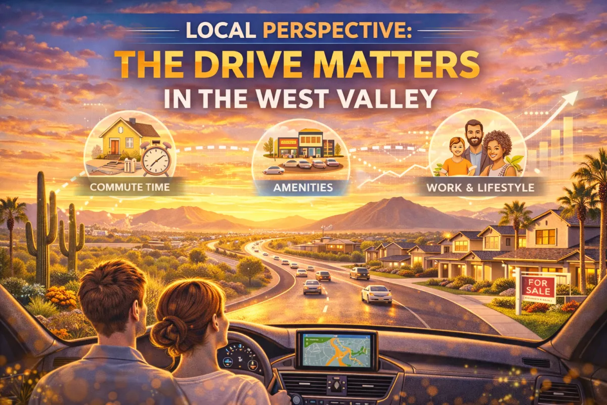 Bright West Valley Arizona commute scene viewed from inside a car, with a winding highway, sunset sky, neighborhoods, and icons for commute time, amenities, and work-life lifestyle.