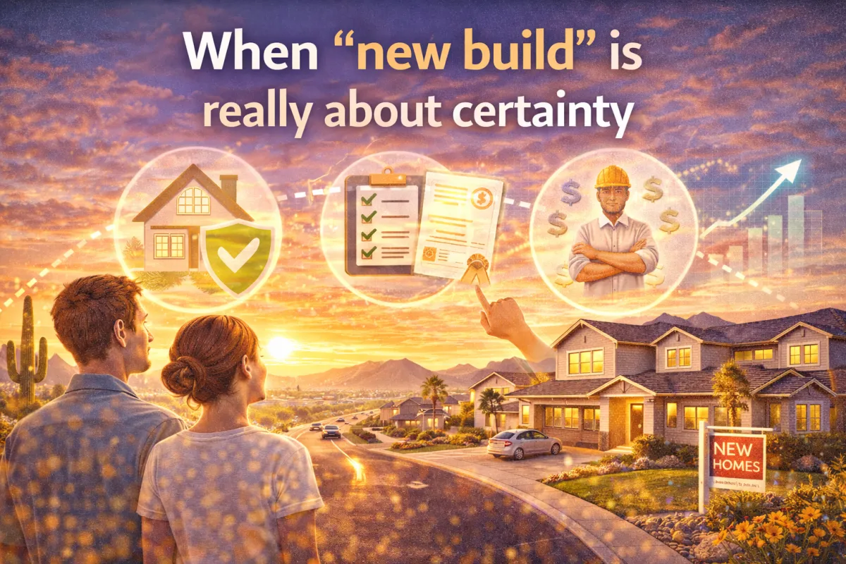 Hero image of a couple looking at a new construction home at sunset with icons for a home shield, checklist, and builder—symbolizing certainty, fewer surprises, and predictable costs.