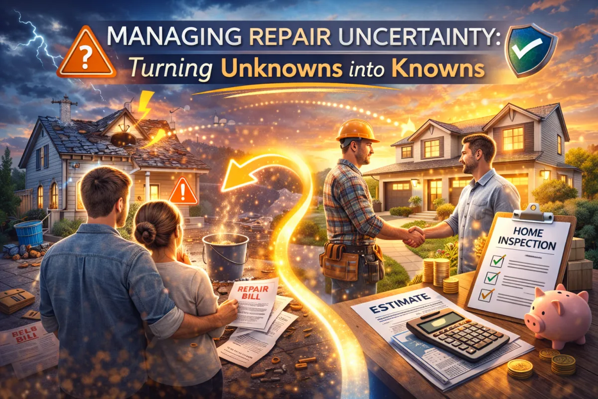 Modern hero image concept for home repair planning, showing uncertainty around repairs being organized into a clear action plan with inspections, estimates, and known next steps.