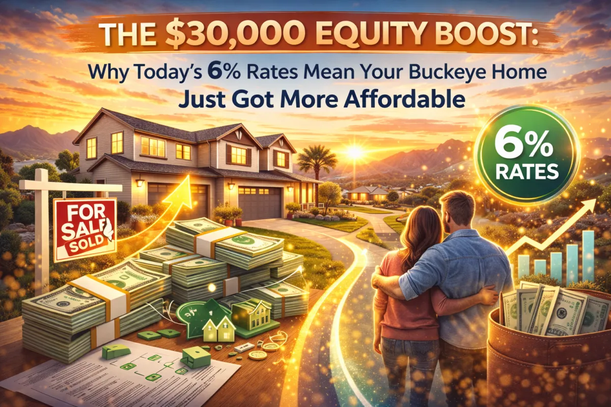 Bright Buckeye, Arizona real estate hero image showing a home, couple, cash stacks, rising chart, and a 6% rates badge to illustrate affordability and equity growth.